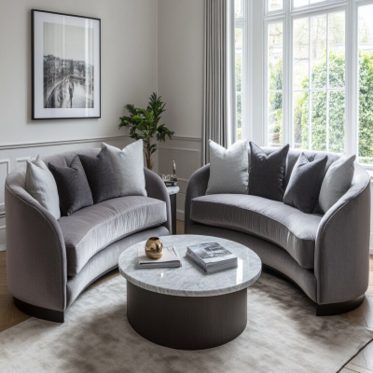 Contemporary Living Room Design with Curved Sofas and Marble Coffee Table
